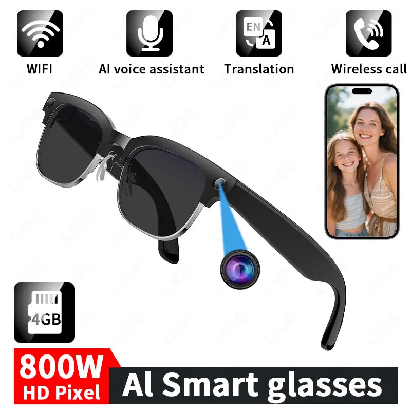 

8 Million Pixels Smart Glasses Recording Videos AI Photo Recognition Answer Translation 290mAh IP65 Waterproof Bluetooth Glasses