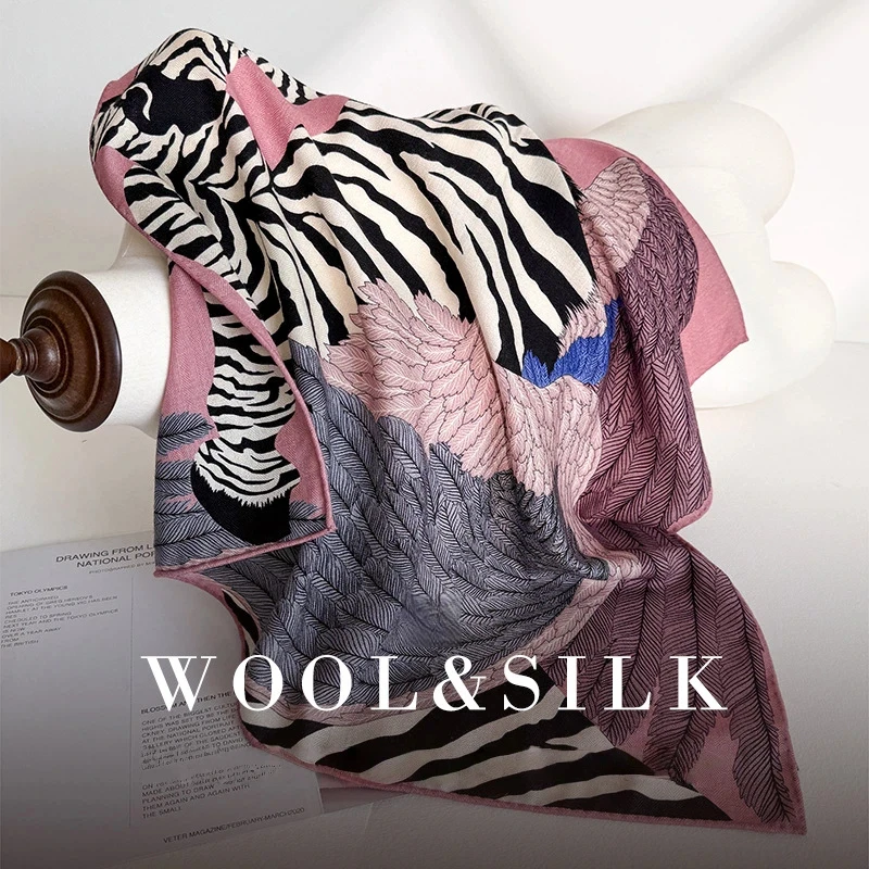 

70% Wool & 30% Silk Scarf Winter Scarf For Women Pink Animal Leopard Print Neck Scarf Wool Silk Women's Winter Shawls