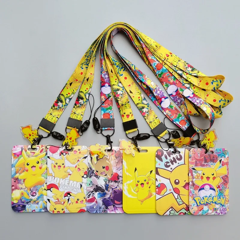 Potdemiel Pokemon Pikachu PVC Card Cover Student Cartoon Campus Hanging Neck Bag Card Holder Lanyard ID Card Holders key chain