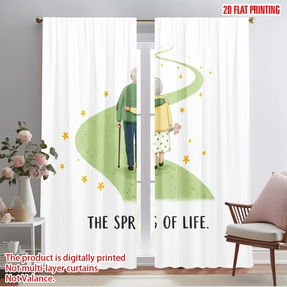 

2pcs 2D flat printing Window Drapes Elderly Couple Spring Life 100% Polyester Without Electricity Party Decorations for