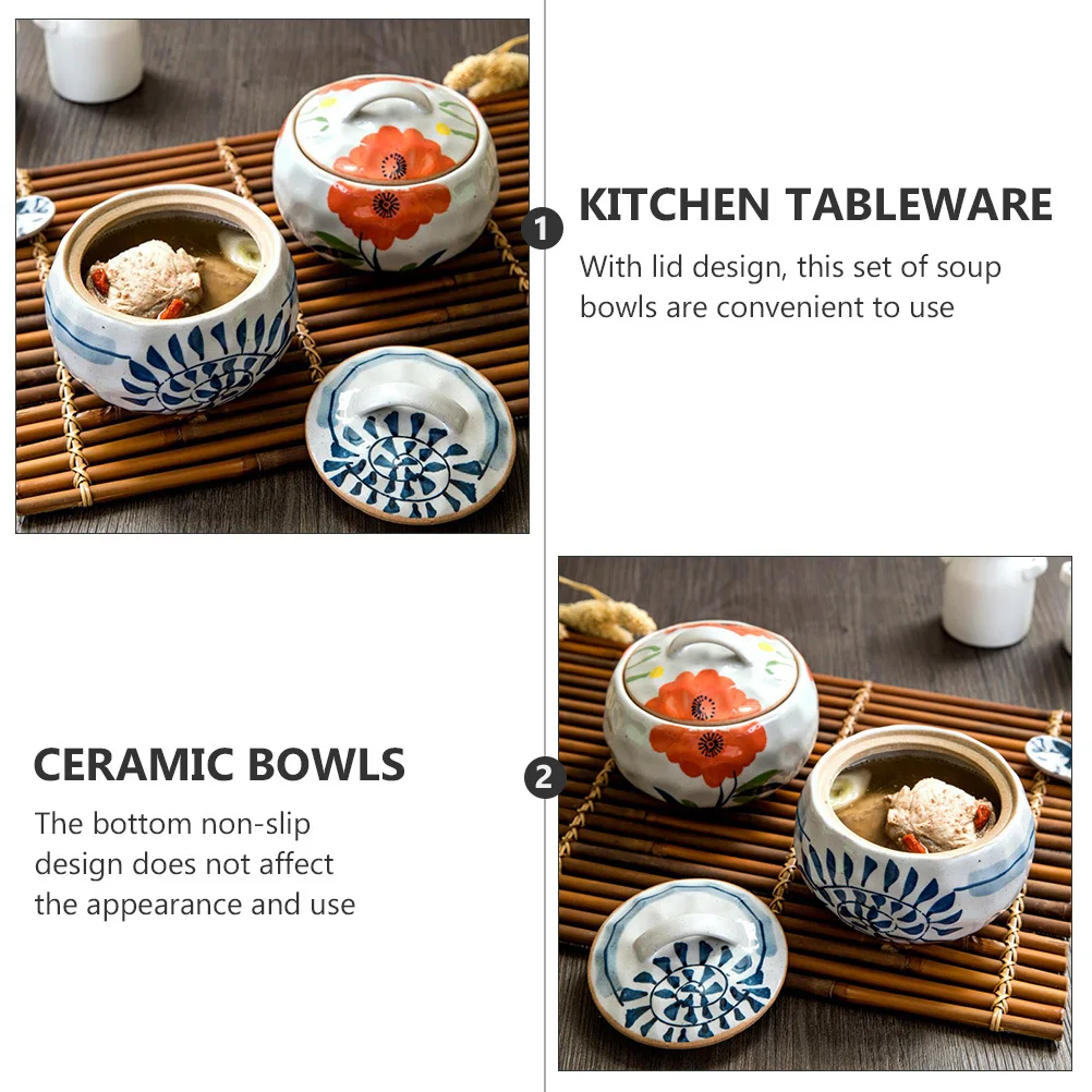 

1Pcs Ceramic Stew Bowl Non Slip Design Exquisite Pattern Soup Bowls with Lid for Egg Stewing Desserts Kitchen Supplies