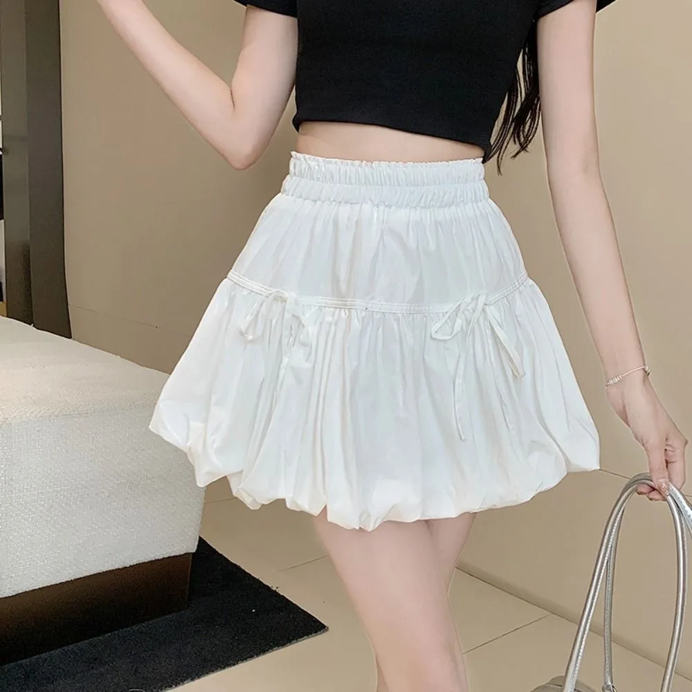 Sweet Polyester Bubble Skirt High Waist Cut Bow Decorated Bow Half Skirt Bud Shape Hem Short Length High Waist Skirt Women