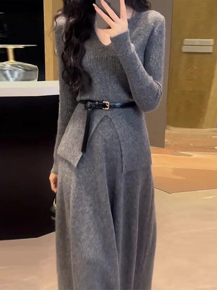 فستان محبوك على طراز هيبي، طقم من قطعتين، تنورة سترة بخصر مرتفع وشق، تصميم أنيق لفصلي الخريف والشتاء، لون شاي، نسخة كورية للعمل