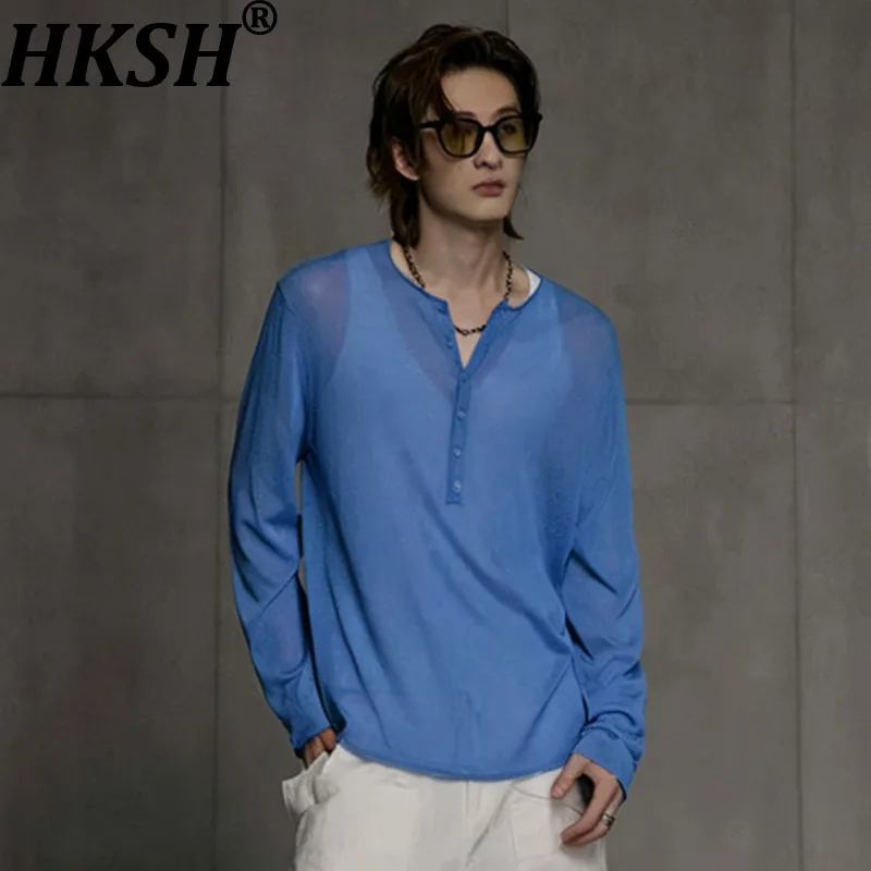 HKSH Spring Autumn Retro Men Tide Chic Light Luxury Hem Long-Sleeved T-shirt Linen Sun-Protective Knitted Tees Women Y2K HK26852