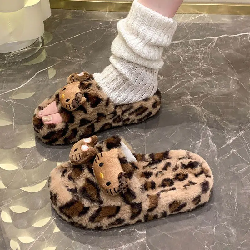 Leopard Print Plush Slippers Women Outer Wear Autumn and Winter 2024 New Cute Cat Student Dormitory Home Warm Cotton Slippers