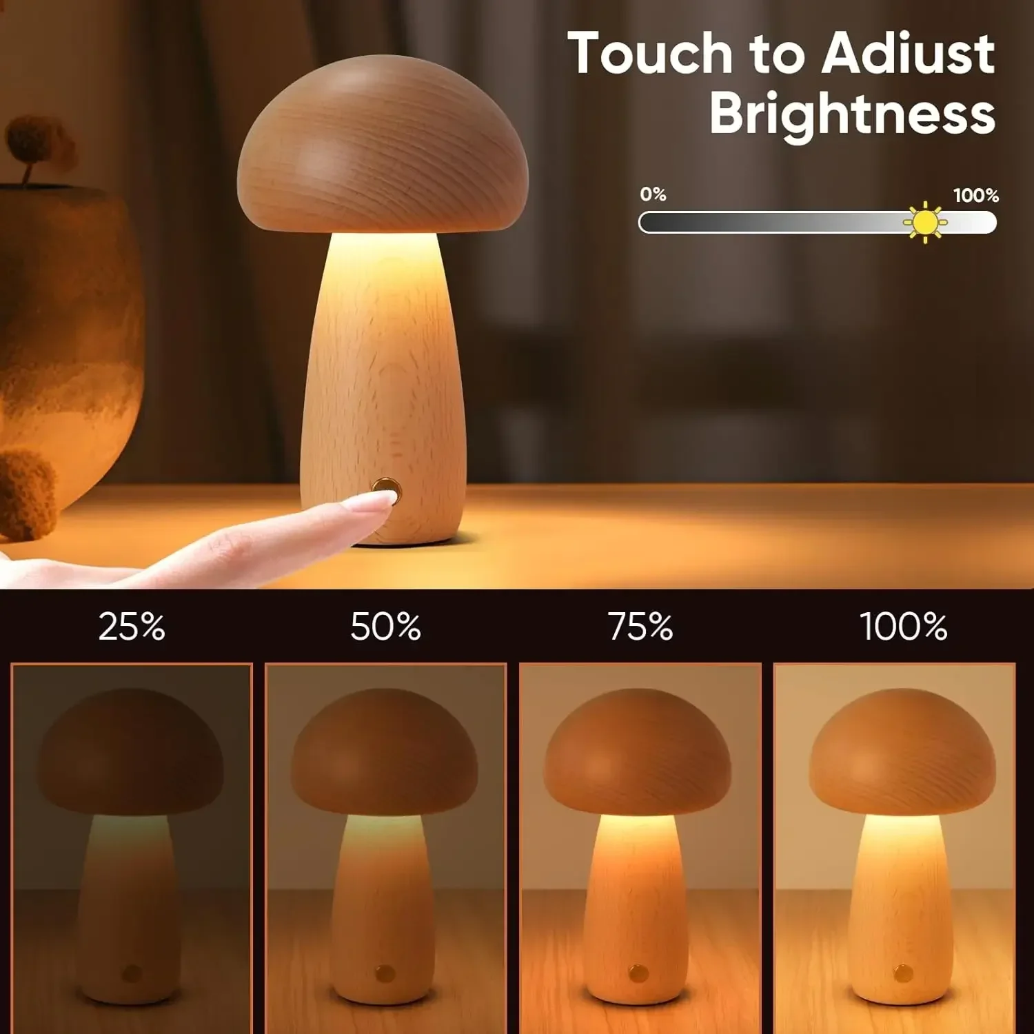 INS LED Night Light with Touch Switch Wooden Cute Mushroom Dimmable Table Lamp for Bedroom Childrens Room Sleeping Night Lamps