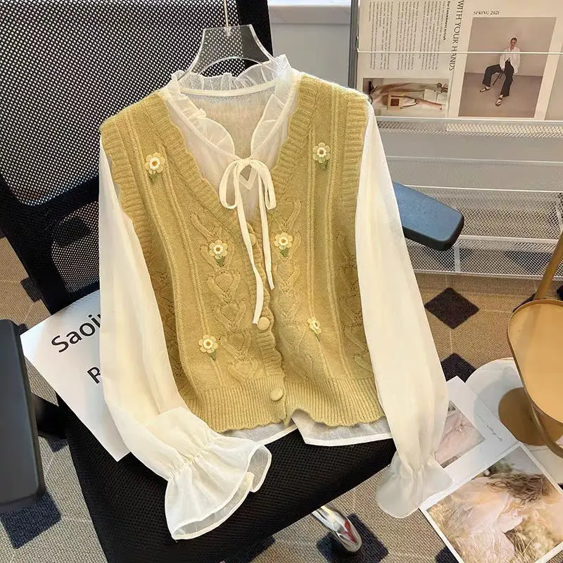 Floral Sweater Vests Women Candy Color Prairie Chic Cozy V-neck Sweet Crop Vintage Design Harajuku Gentle Knitted Girlish Autumn