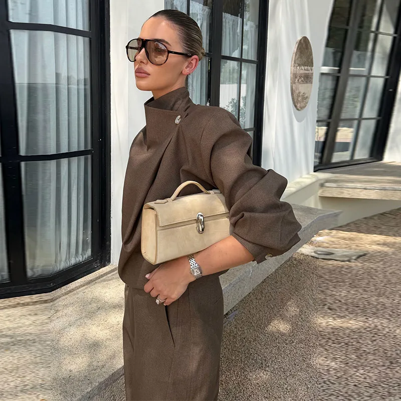 Mantel, Tube Top und Hose 3-teiliges Set für Damen, Sexy Laternenärmel-Jacke mit Reißverschluss, Gerüschte Lose Jacke, Hochgeschnittene Weite Hose, Outfit – Detail 17