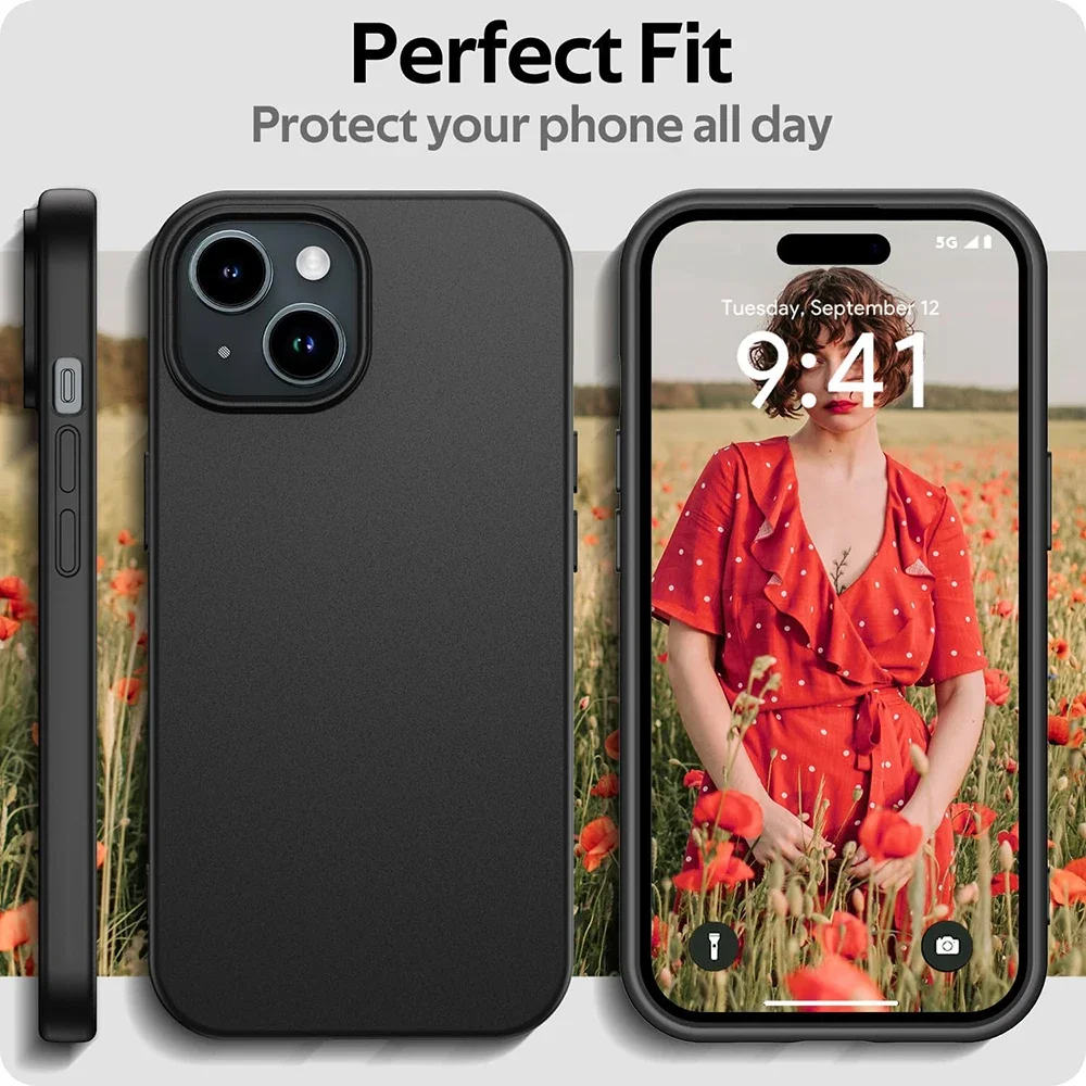 Funda suave de silicona mate de lujo para iPhone, 15, 14 Plus, 13, 12 Mini, 11 Pro, XS Max, X, XR, SE, 2, 3, 7, 8 Plus, cubierta negra sólida