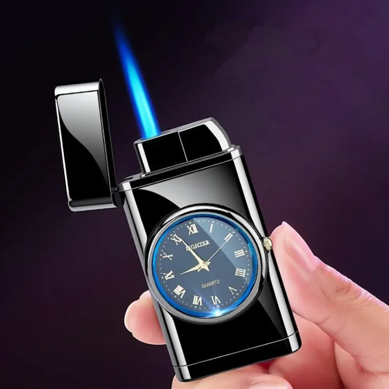 Unusual Multifunctional Metal Watch Lighter Windproof Blue Jet Flame Butane Flashlight Lighter Smoking Accessories Men\'s Gift