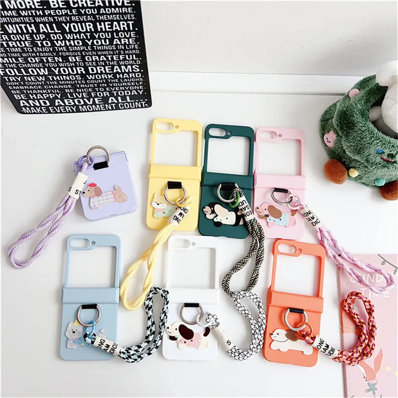 Diy Cute Cartoon Sausage Dog Ring Hinge Case for Samsung Galaxy Z Flip6 Case Z Flip5 Cover Z Flip4 Z Flip3 Capa Short Strap