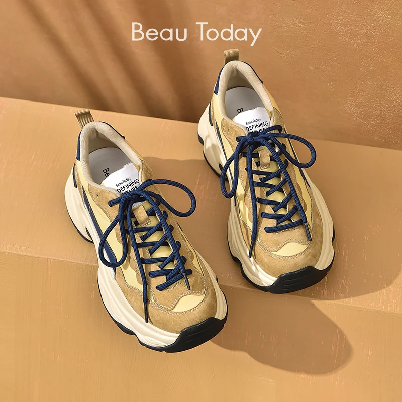 BeauToday Chunky Sneakers kobiety świnia Suede sznurowane okrągłe Toe Patchwork platformy damskie Trendy trenerzy gruba podeszwa Handmade 29430