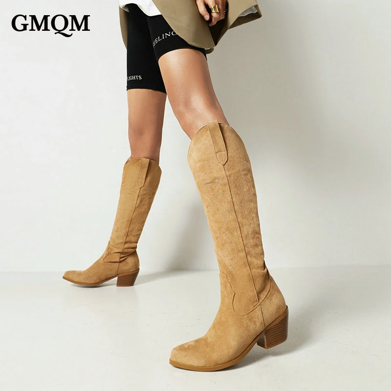 GMQM Fashion Women Shoes Knee High Boots Vintage Cool Cowgirls Cowboy Western Boots Suede Leather PU Chunky Heels Pointed Toe