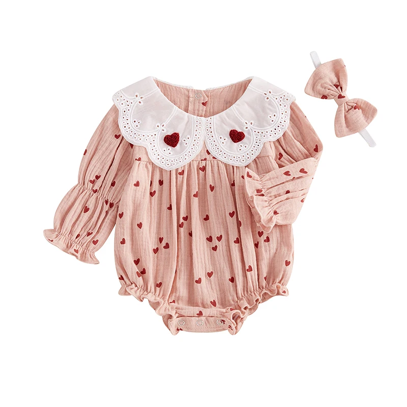 Baby Girl Valentine's Day Romper Heart Lace Doll Collar Long Sleeve Jumpsuit Headband Adorable Baby Bodysuits Outfits