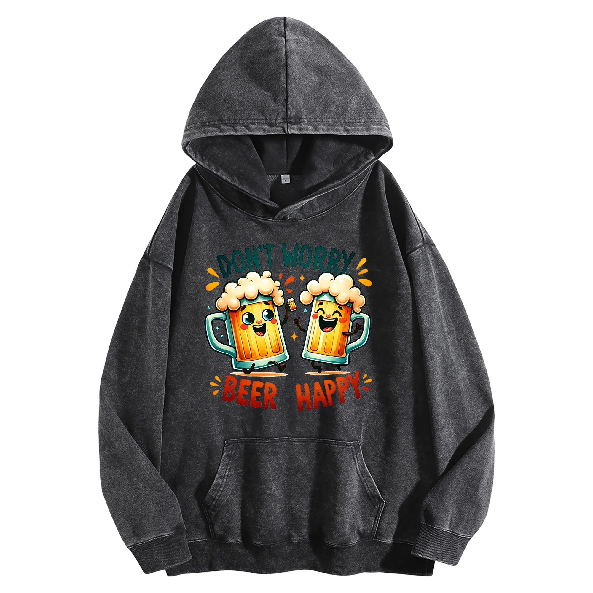 سترة بغطاء للرأس كلاسيكية مغسولة 400 جرام من BEER HAPPY للجنسين كبيرة الحجم ملابس الشارع الشهير خريف/شتاء إصدار عيد الميلاد والعام الجديد
