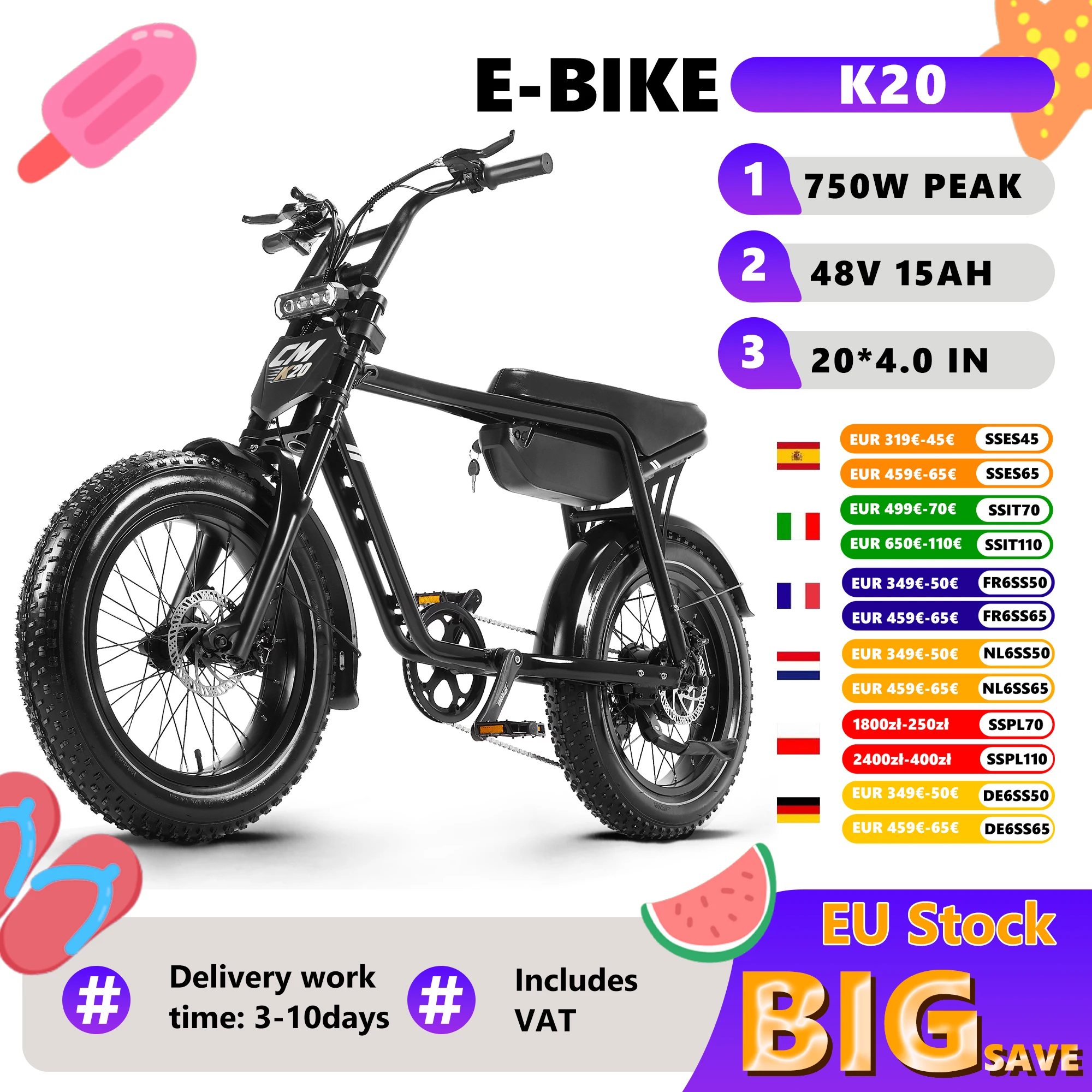 Vélo électrique CMACEWHEEL K20 eBIKE Peak 1000W, 48V15Ah, pneus larges, 20 pouces, VTT électrique pour adultes