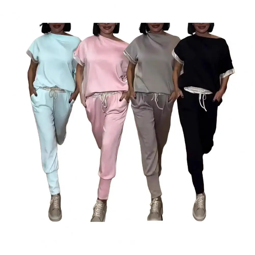 

Women's Two-piece Set Summer Short Sleeve O Neck Hollow Top Lace-up Waist Pants Elegant Suit Office Lady 2 Piece Sets