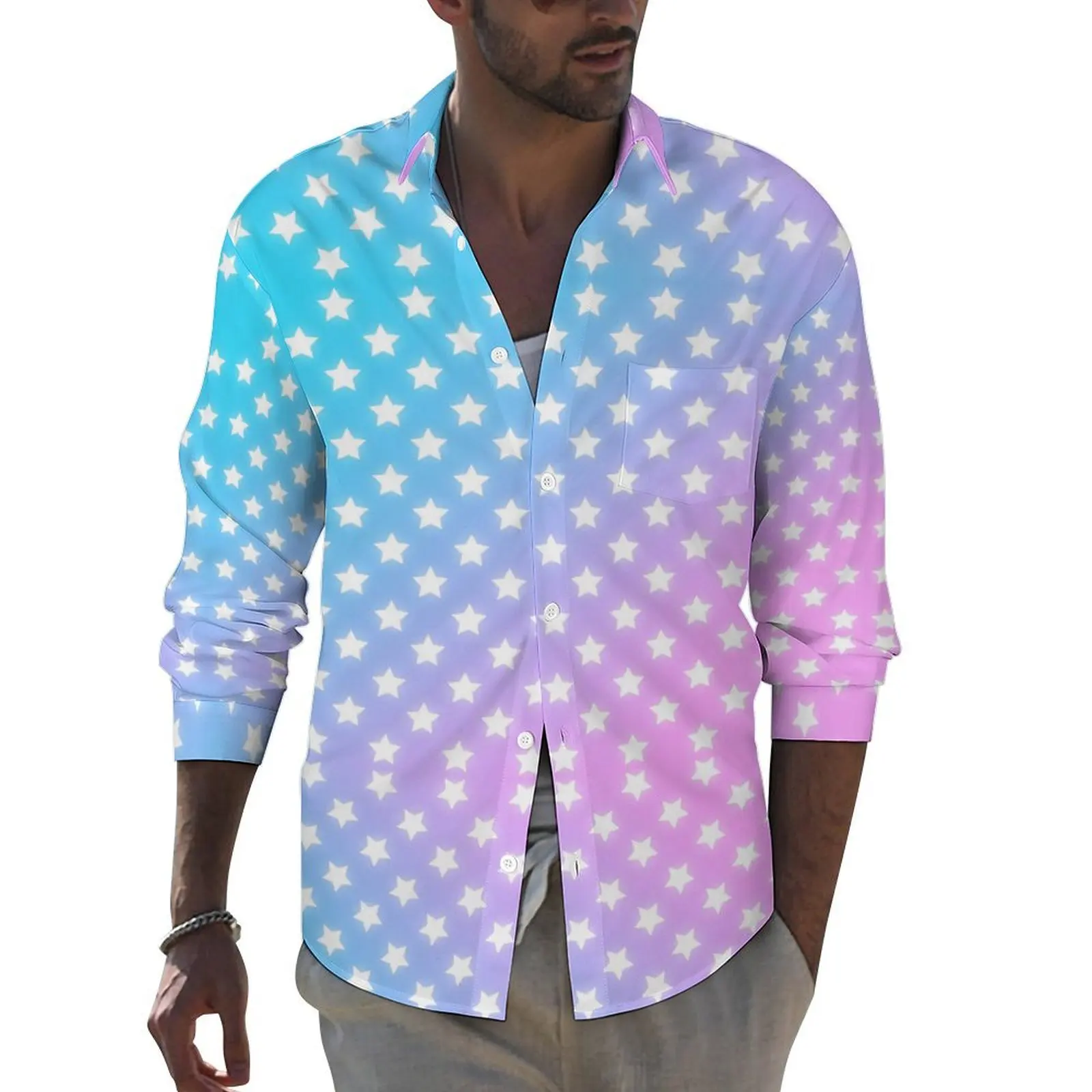 

White Stars Print Shirt Mens Colorful Ombre Casual Shirts Spring Harajuku Custom Blouses Long Sleeve Trendy Oversize Top Gift