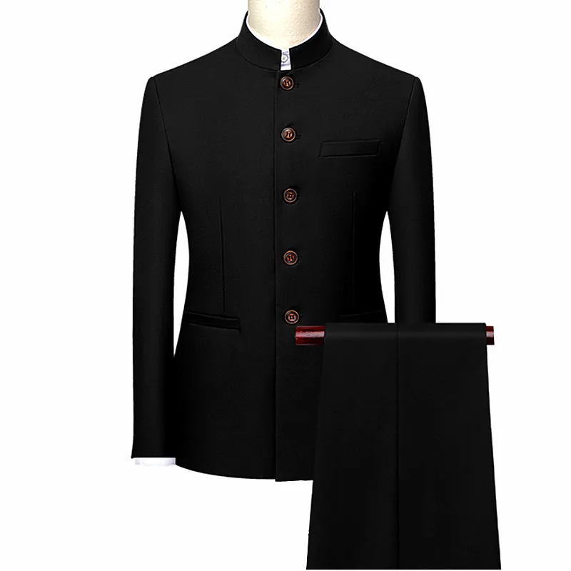 Men\'s White Single Breasted Stand Up Collar Suit 2-Piece, Chinese Style Red Slim-Fit Blazer Coat and Pants, Black, Blue, Yellow.