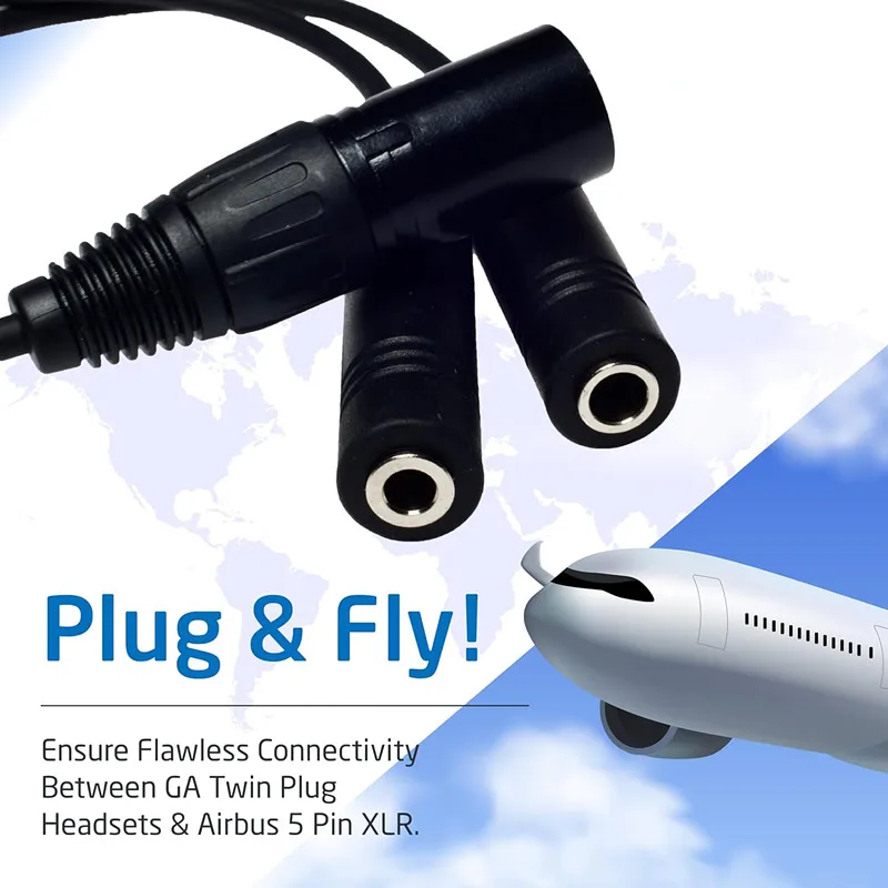 Adapter GA Twin Plug do Airbus XLR - gniazda .206” i .25” do 5-pinowego złącza żeńskiego XLR do zestawów słuchawkowych pilotażowych, lotnictwa ogólnego — zdjęcie produktu 3