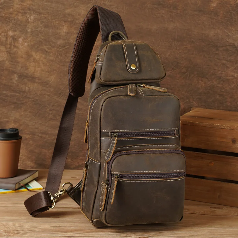 Big Size Leather Chest Bag Backpack Real Leather Men's Corssbody Bags Single Shoulder Bagpack Man Male Chest Pack Sling Bags