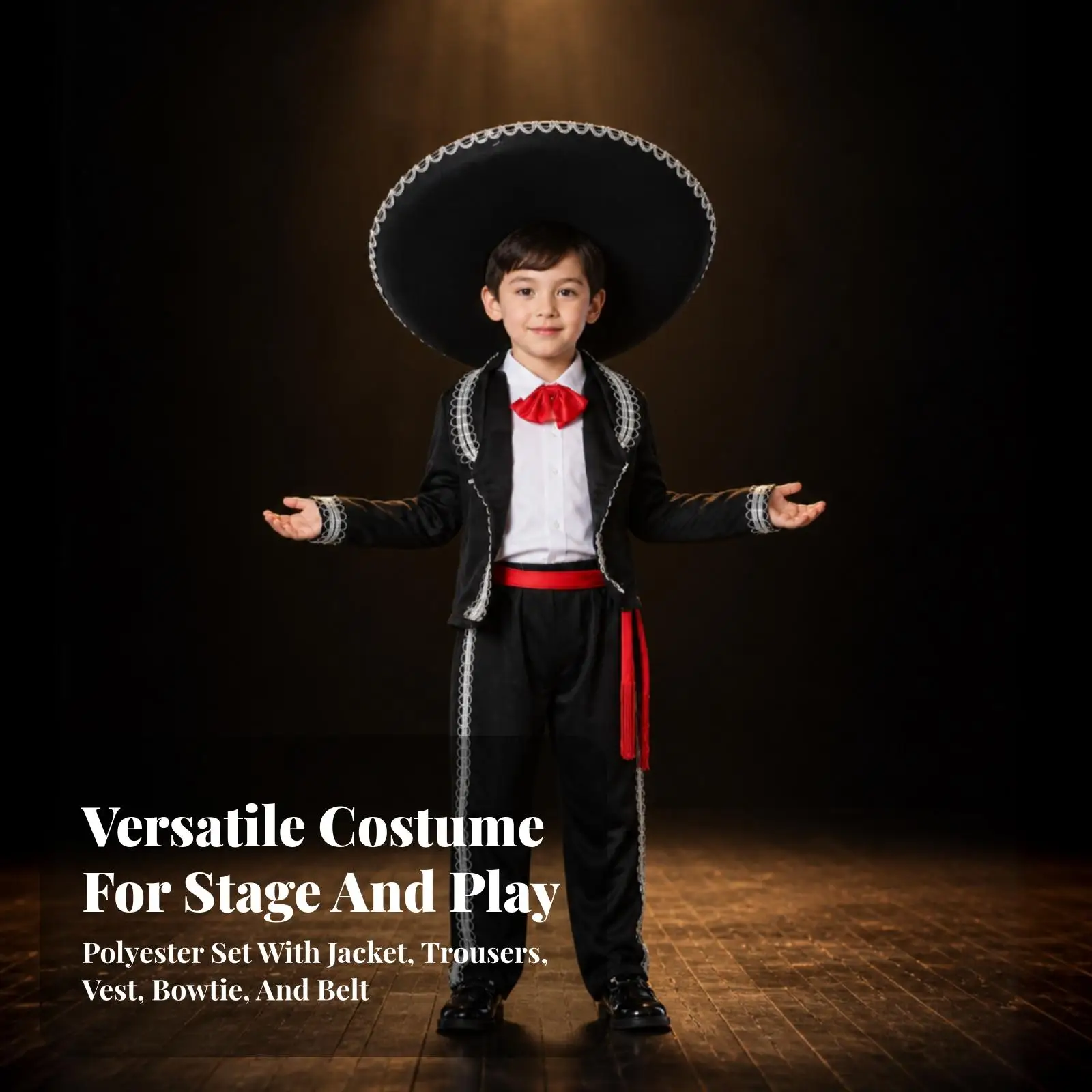 Lightweight Polyester Child Mariachi Costume Set for Stage Show and Cosplay Events with Belt Included