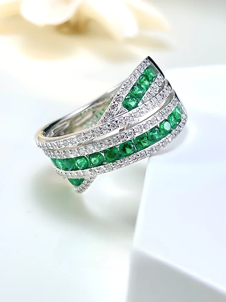 Fashionable light luxury grandmother green 925 sterling silver ring set with high carbon diamond temperament for women