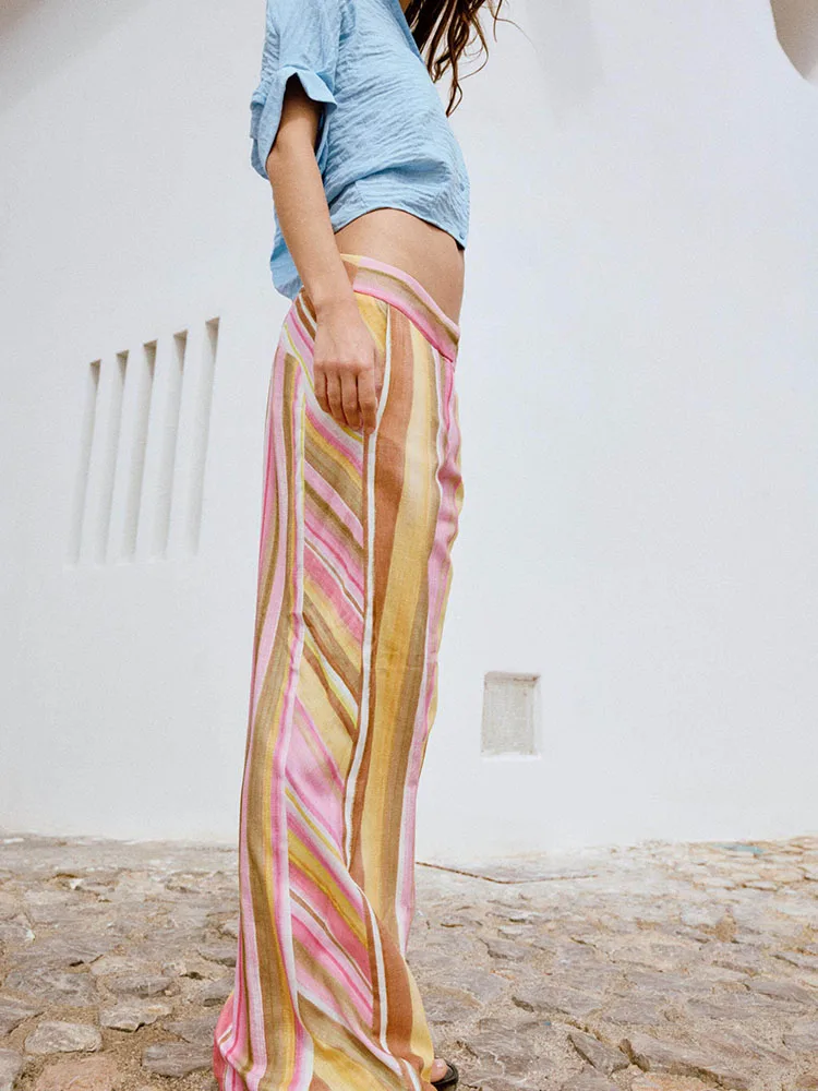 Elegant High Waist Striped Print Casual Wide Leg Pants New Arrival Women's Fashion Spring Season Long Trousers