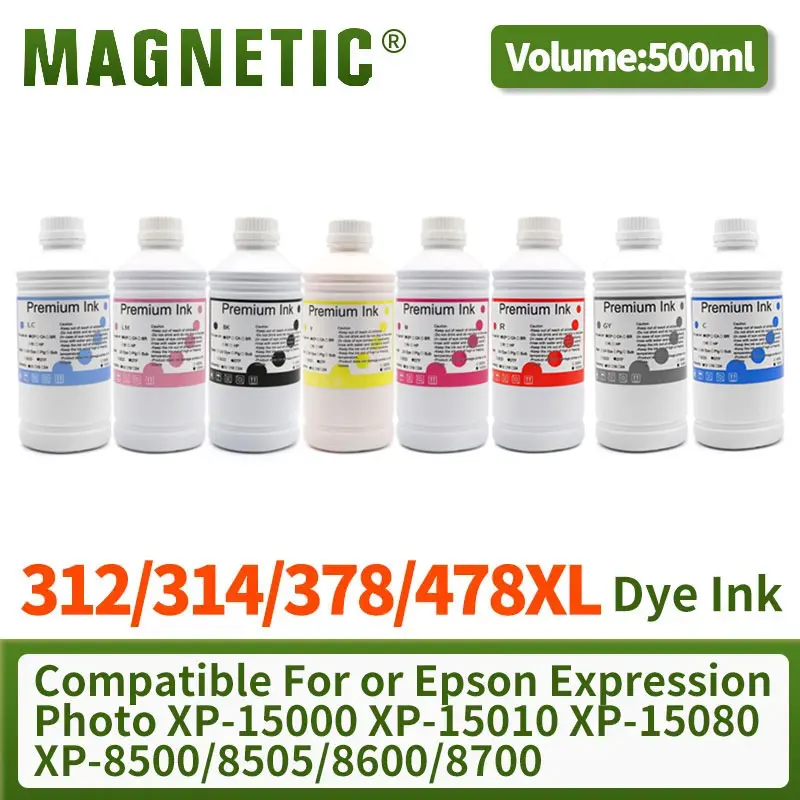 312XL 314XL 378XL 478XL 01U Refill Dye Ink Compatible for Epson Expression Photo XP15000/15010/15080/8500/8505/8600/8700 Printer