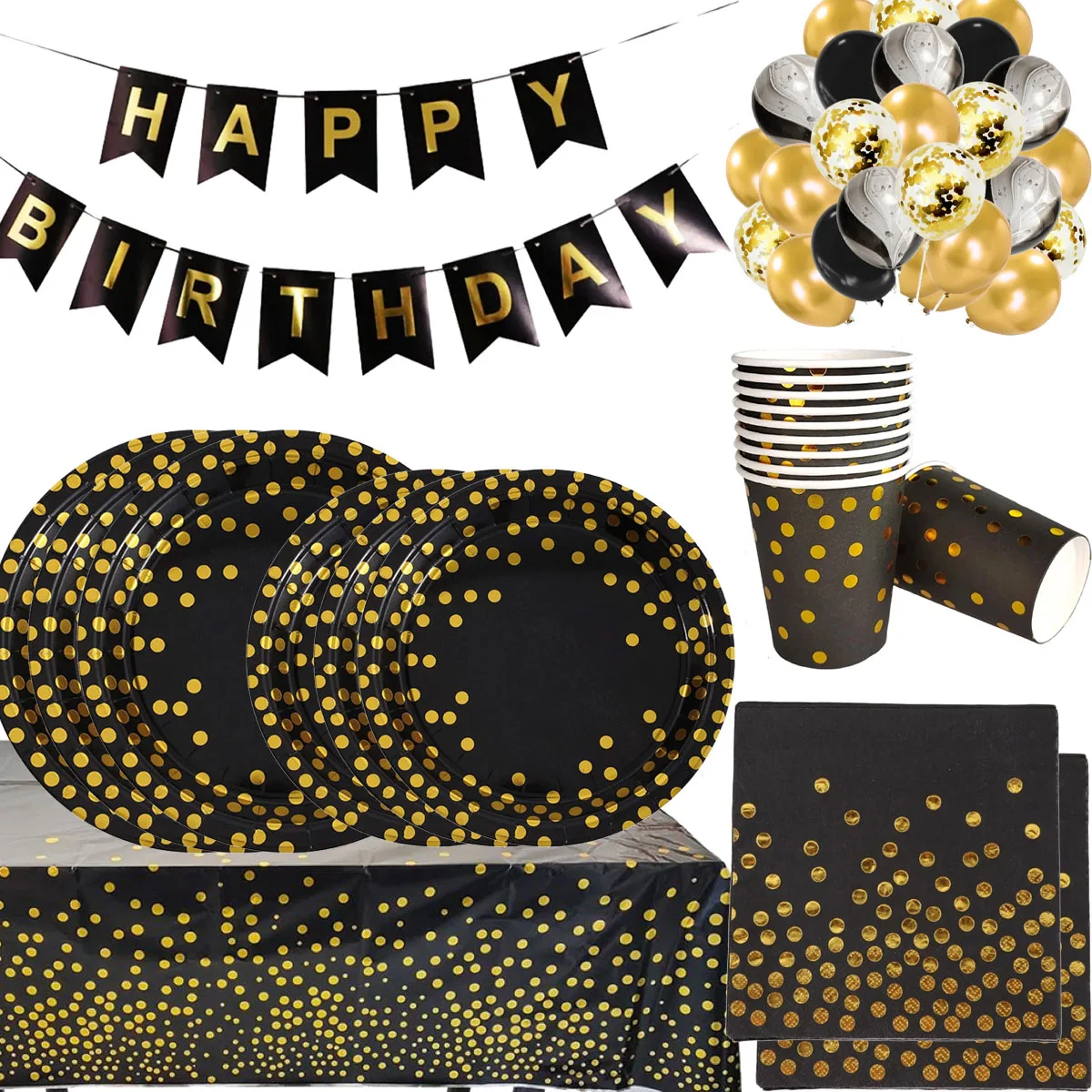 Schwarze und goldene Geburtstagsdekorationen, Partyzubehör-Set, Pappteller, Tassen, Servietten, Tischdecke für Kinder, alles Gute zum Geburtstag, Party-Dekoration