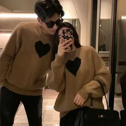 Men's Clothing Crewneck Jacket Knit Sweater Male Pullovers Coat Print Round Collar Heart Couple Outfit Thick Winter A 2024 Trend