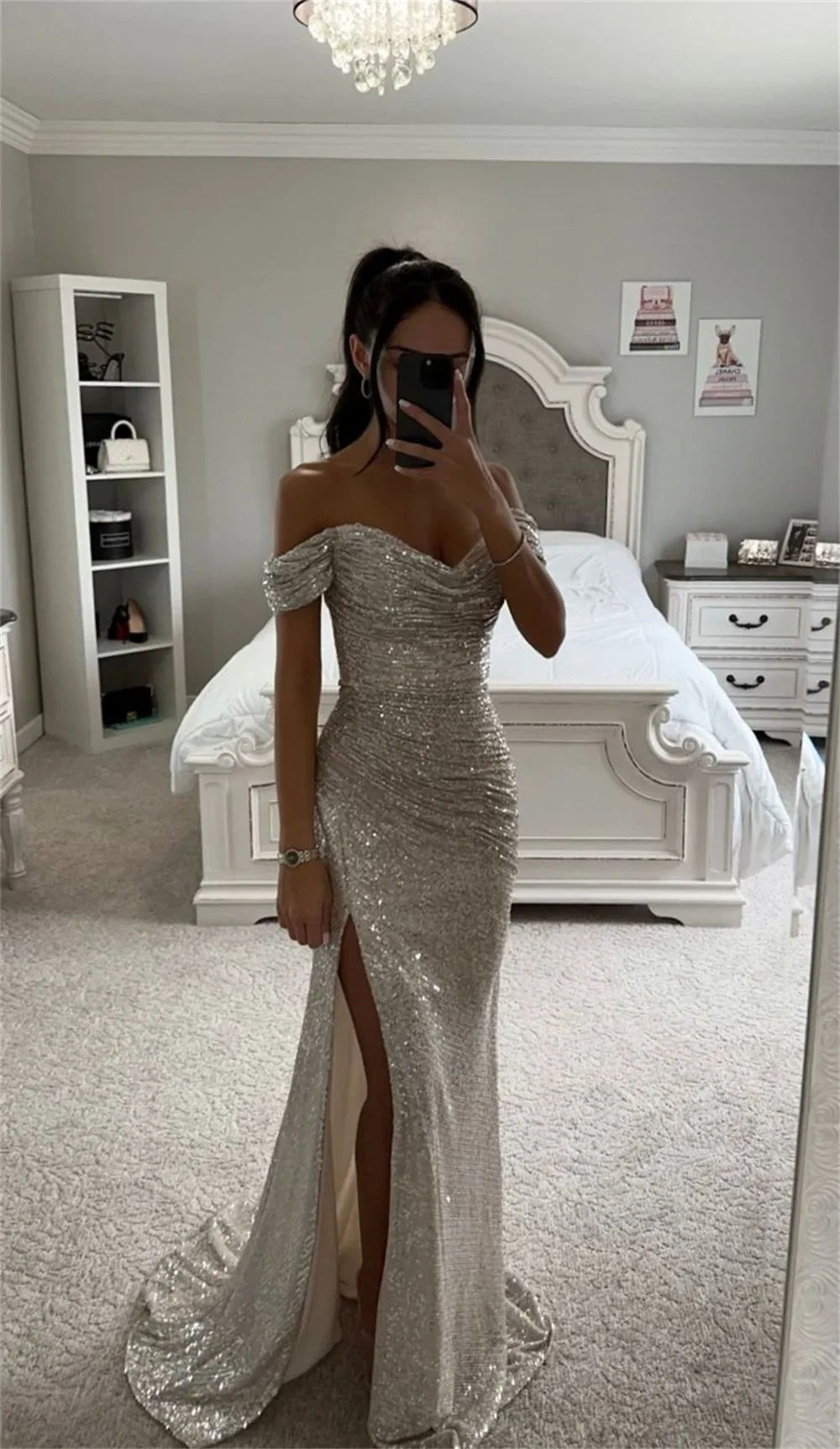 Customized Bright Trumpet Prom Gown Shiny Off Shoulder Prom Dress Flashing Sexy Side Fishtail Vestido De Novia High Quality Spar