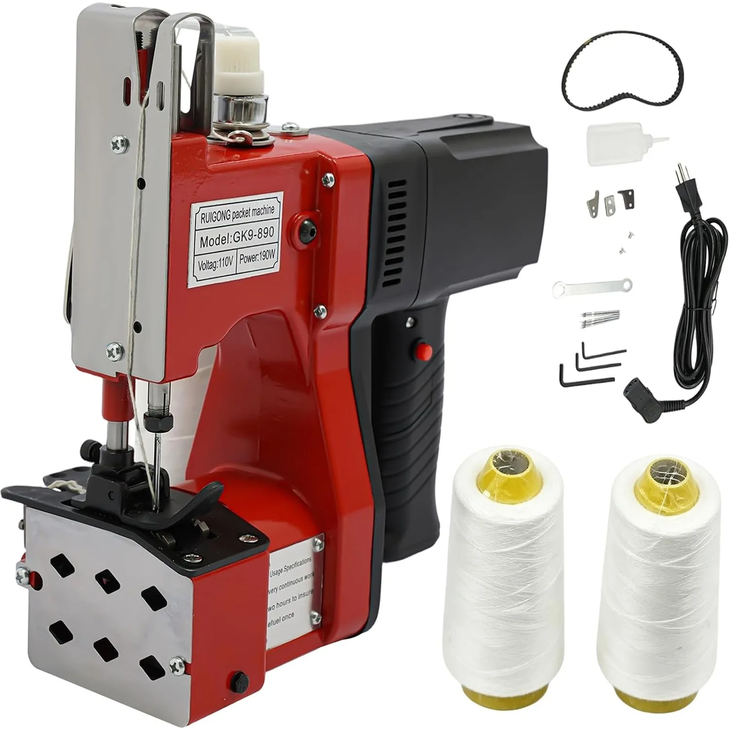Leather Heavy Duty Sewing Machine Industrial Canvas Stitching Closer 110V ﻿ | 2,600 Stitch 10mm Max Thickness 190W 18000rpm w/2 Thread Spools 3 Blades, Red For Logistics Factory Sealing Sack Woven Bag