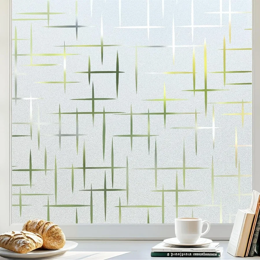 욕실 및 현관문용 장식용 비접착식 프라이버시 필름, 십자 패턴 반투명 유리 효과로 프라이버시 강화
