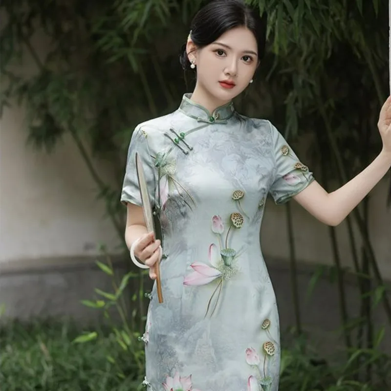 In 2024 The New Cheongsam Improved Girls Summer New Hualuo Double-layer Long Temperament Retro New Chinese Cheongsam Dress