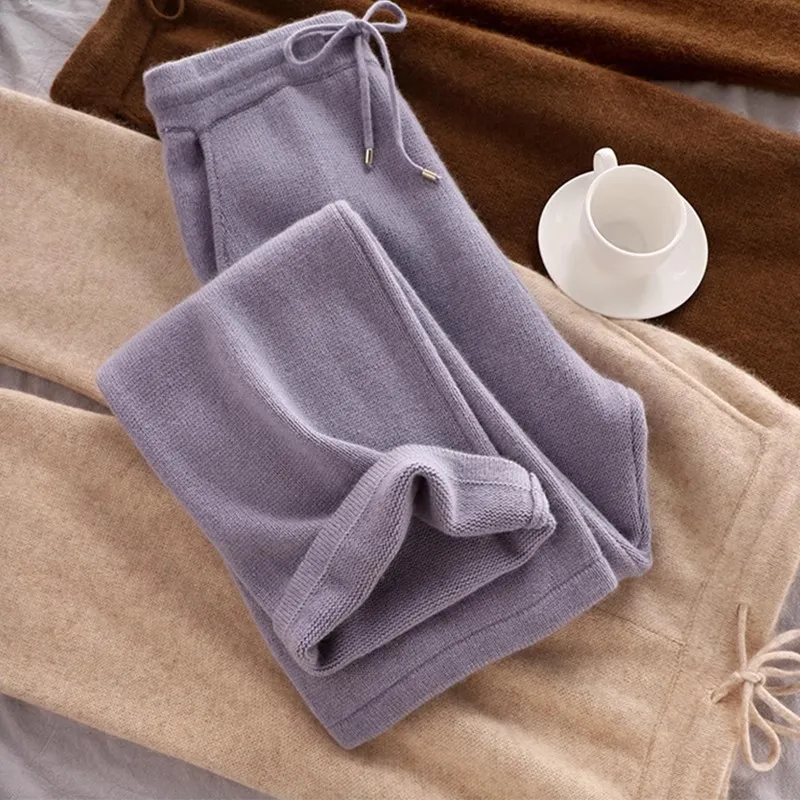 2024 Purple Wool Wide-leg Pants Women's Autumn and Winter New High-waisted Drape Loose and Thin Cashmere Casual Pants