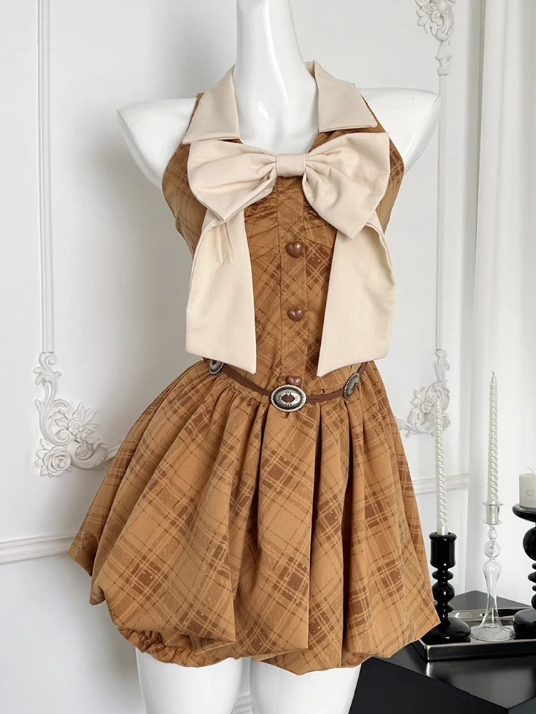 Summer Women Old Money French Vintage Bow Plaid Sleeveless Dress LuxuryFrocks One-Piece 2000s Aesthetic Gyaru Party Evening