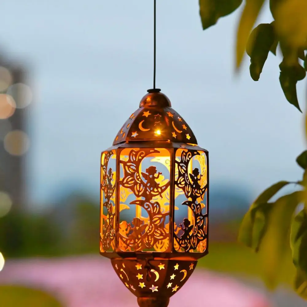 Outdoor Solar Lantern Iron Hollow Decorative Light Moroccan Style Garden Hanging Lamp Patio Landscape Night Lighting