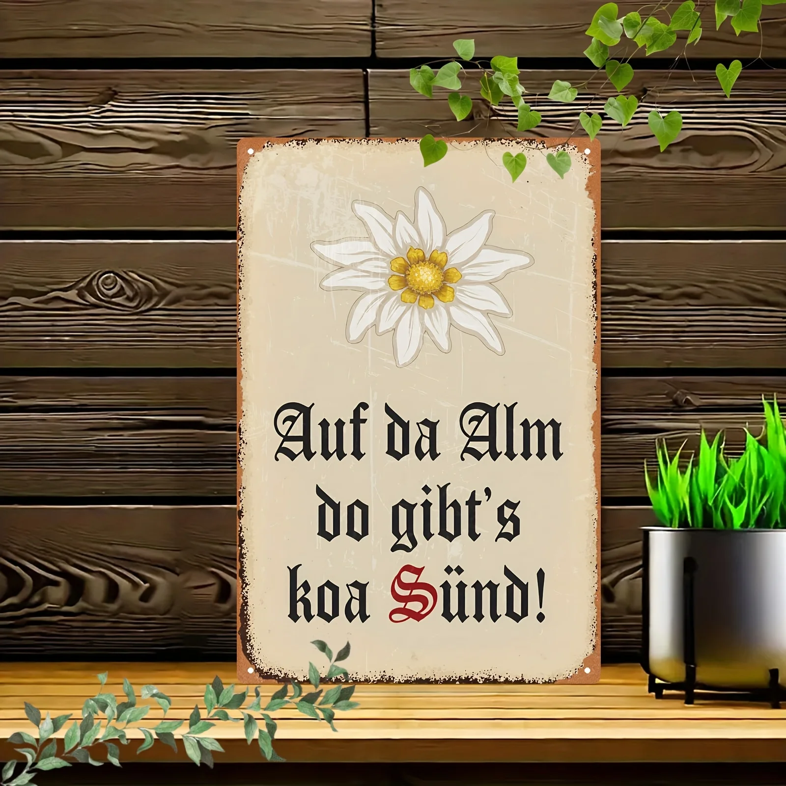 Vintage Bavarian Edelweiss Quote Metal Wall Decor Sign - Rustic Alpine Wall Art for Home Cabin - German Decorative Plaque