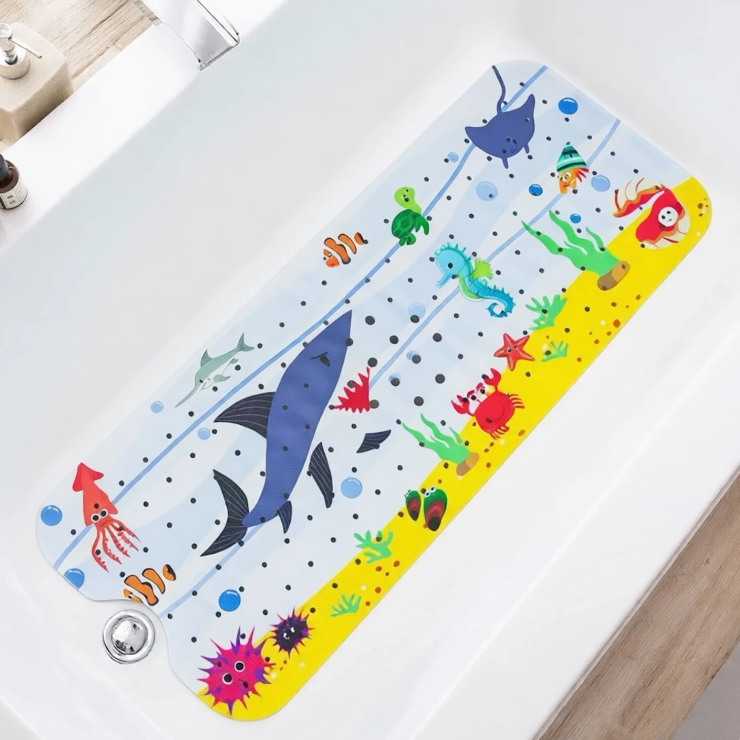 Cartoon bathtub mat with suction cups, 40x100cm, non-slip design for safety.