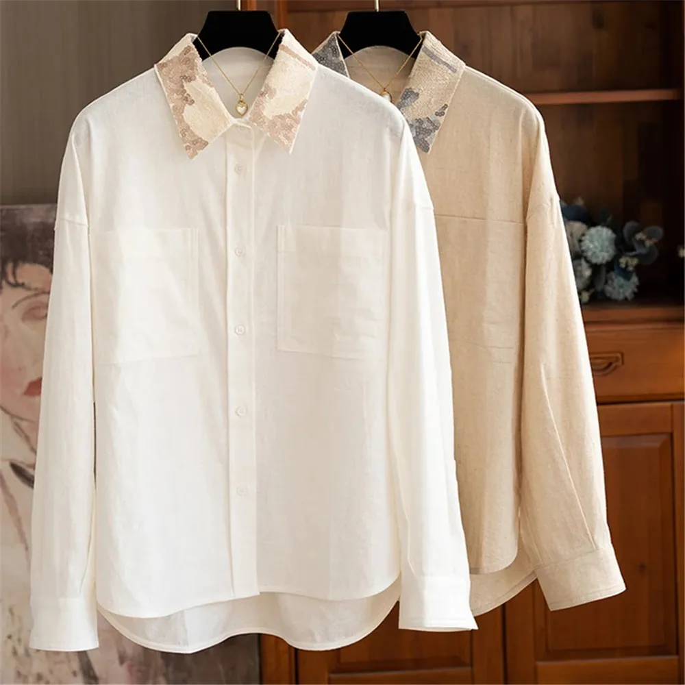 Embroidered Sequins Shirt for Women Turn-Down Collar Exquisite Clothing