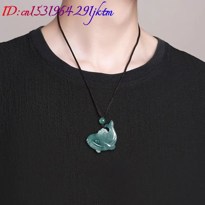 Natural Burmese Jadeite Whale Pendant Necklace Accessories Real Jade Charm Carved Amulet Jewelry Gemstone Gifts for Women view 5
