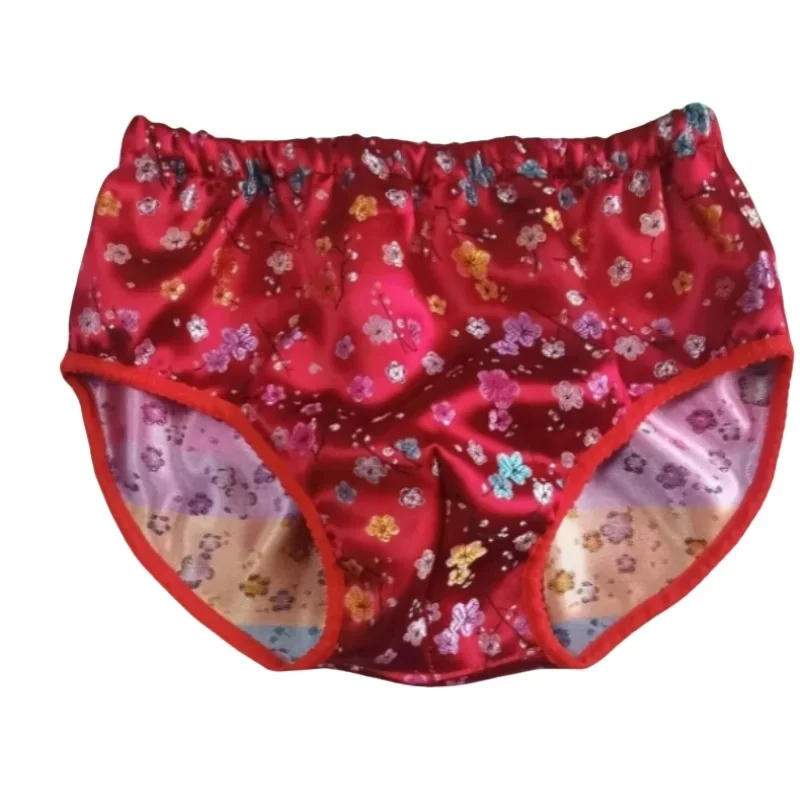 Man Handmade No Elastic Glossy Satin Lingerie Panties Floral Embroidery Soft Silky Touch Briefs Sissy Private Party Costumes