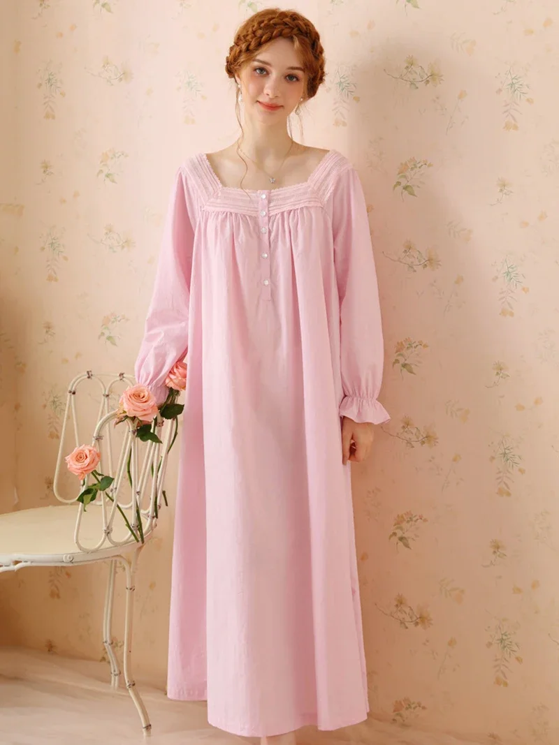 French Victorian Princess Cotton Lace Nightgown Women Sweet Girls Spring Autumn Long Sleeve Vintage Pajamas Sleepwear Nightwear