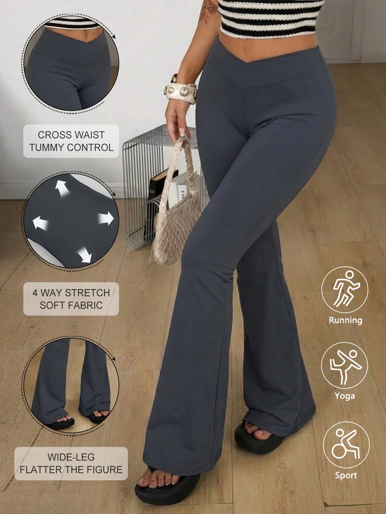 

Women Cross Waist Flare Pants Simple Casual Versatile Slim Pants High Waist Naked Feeling Hip Lifting Tummy Control Leggings