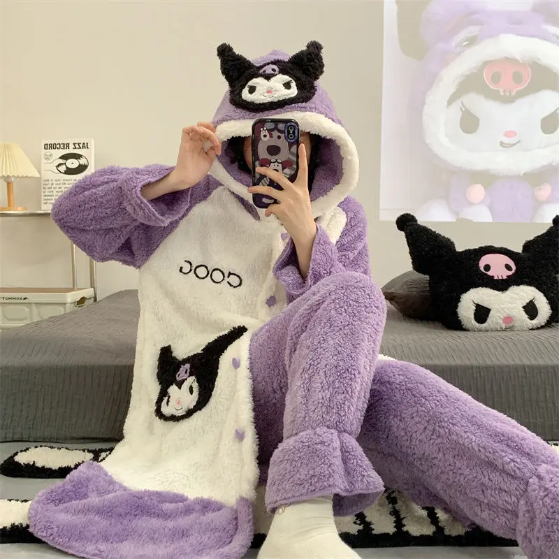 Hot Miniso Thickening Hooded Robe Trousers Suit Kawaii Kuromi Comic Fashion Student Go Out Keep Warm Pajamas Leisure Wear Kit