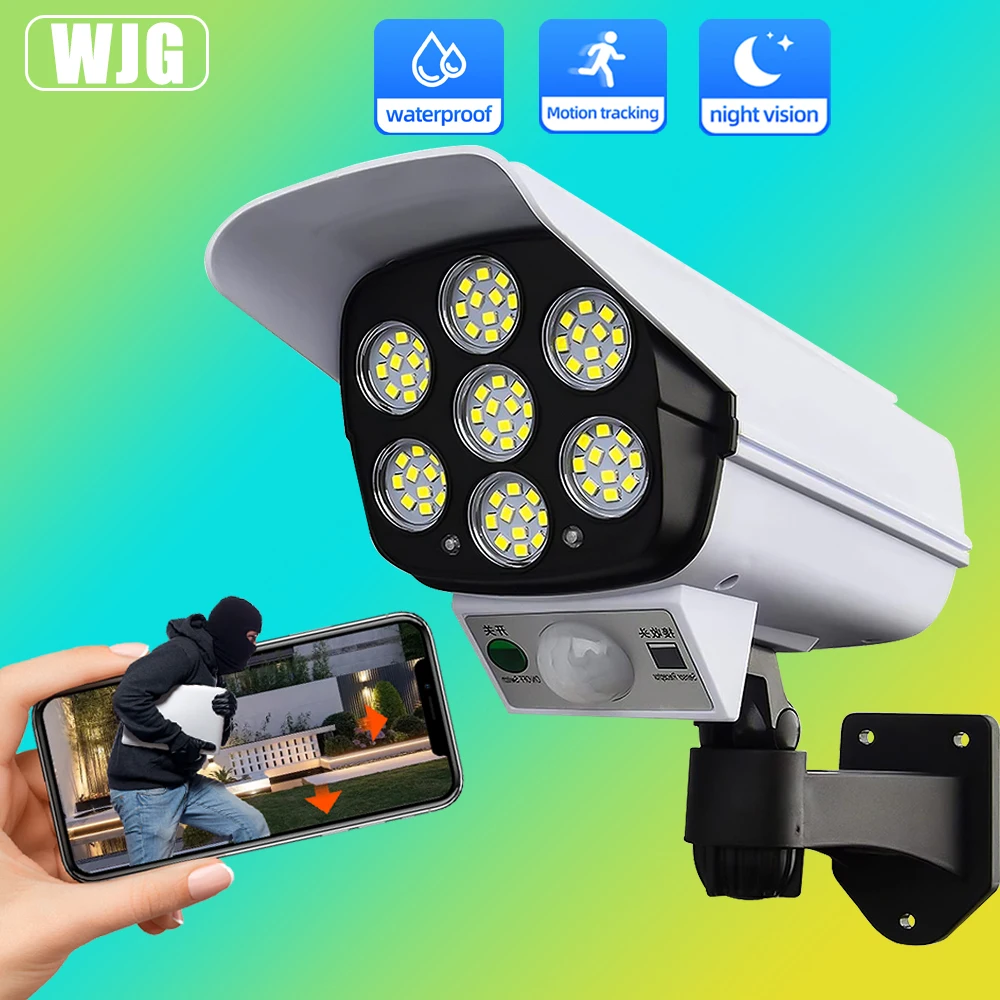 outdoor led solar light com sensor de movimento noite lampada seguranca dummy camera ip65 impermeavel 77 leds 01