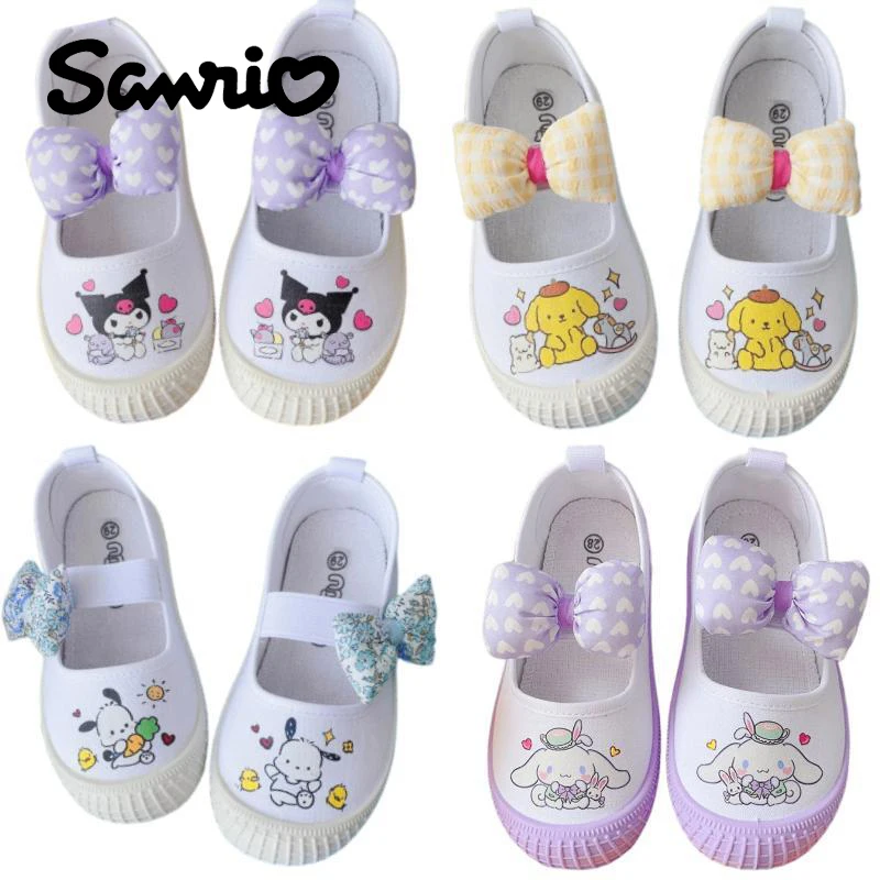 Sanrios Kuromi Cinnamoroll My Melody Pompom Purins Cartoon Cute Children\\'s Canvas Shoes Kindergarten Kids Indoor White Shoes