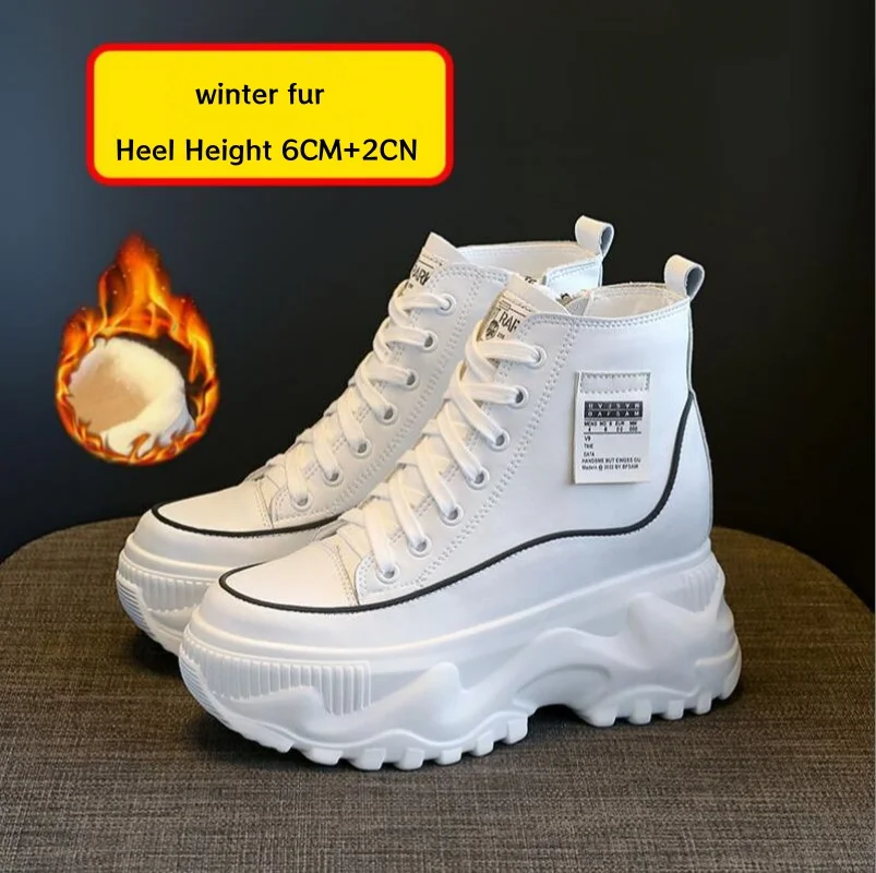 Fashion 8CM Chunky Platform Motorcycle Boots Women Autumn Winter Thick Bottom Ankle Botas Mujer White High Top Sneakers Shoes