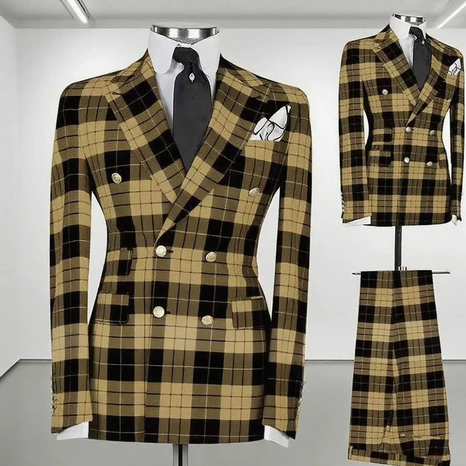 Raster Dubbele Rij Banketpak Heren Moderne Pasvorm Formele Slijtage Tweedelig Pak Set Jas Broek Diner Avondpak kledij